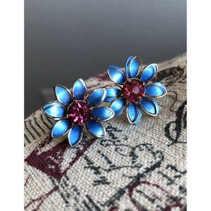 Vibrant Blue & Pink Rhinestone Vintage 1950s Prestige Signed Flower Earrings